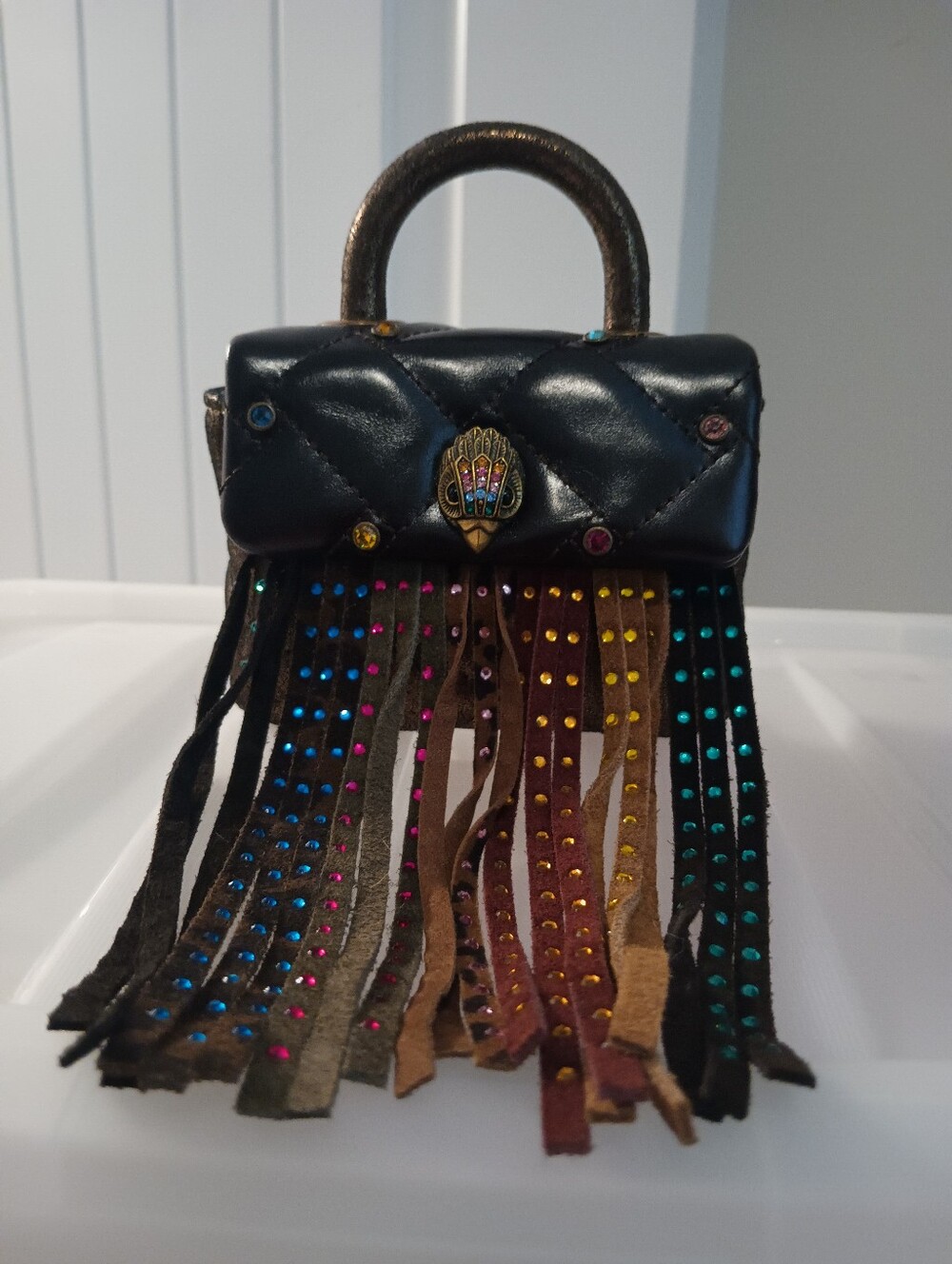 Kurt Geiger Nano Black Quilted Fringe Mini Handbag with Multicolor Studs